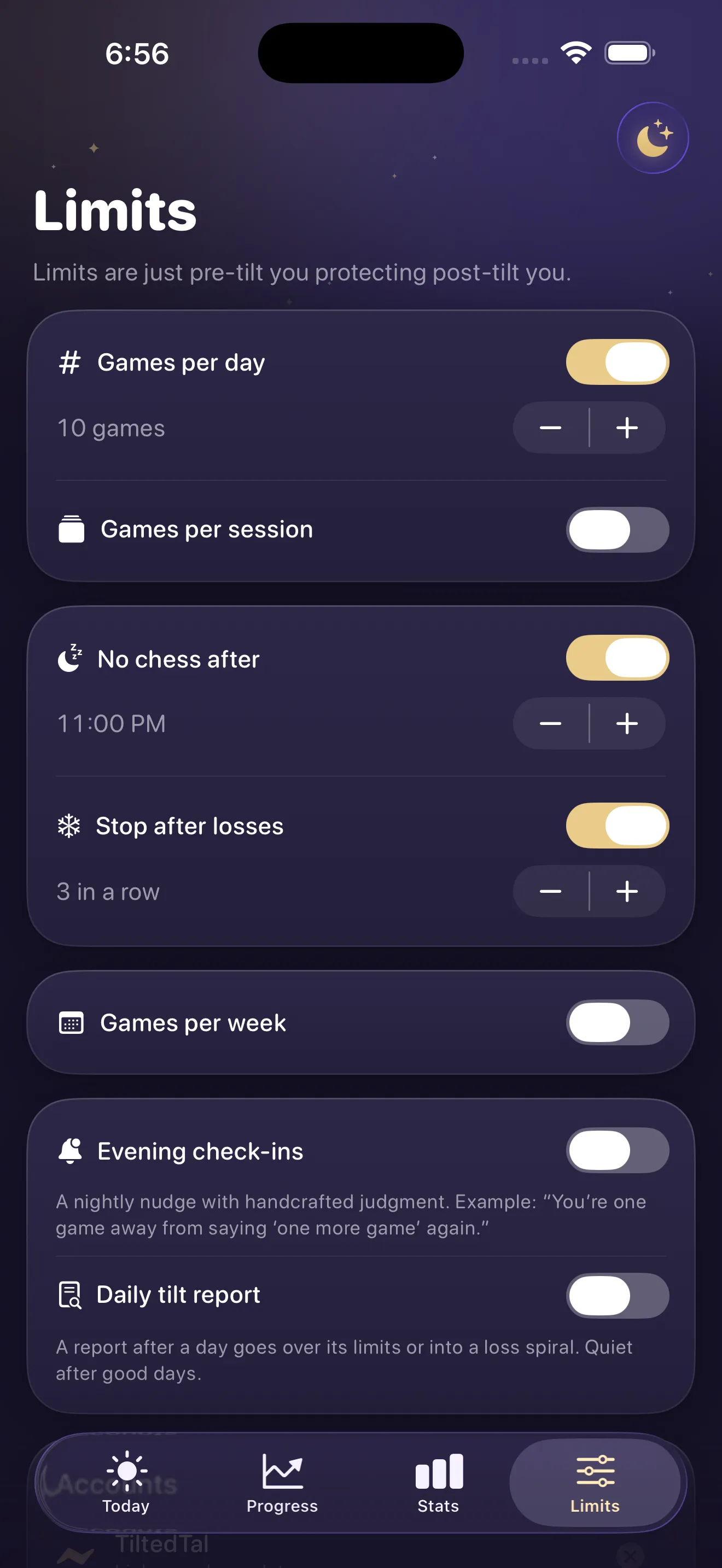 ChessTilt Limits demo screen with daily, session and weekly game limits.