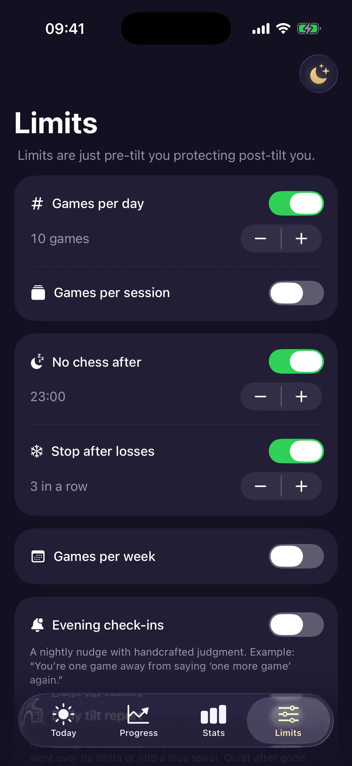 ChessTilt Limits screen