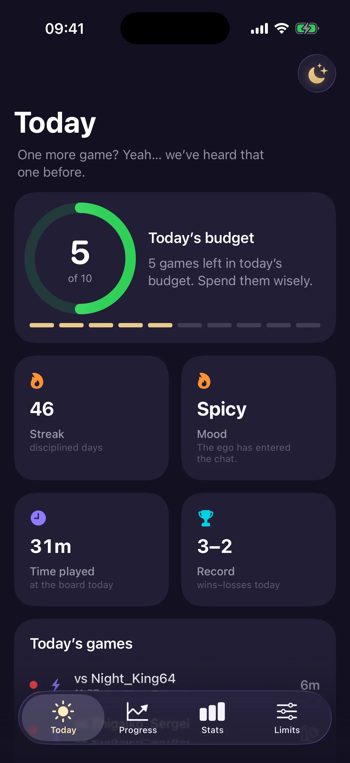 The ChessTilt Today screen: games left in today's budget, a discipline streak, mood, time played and today's games.